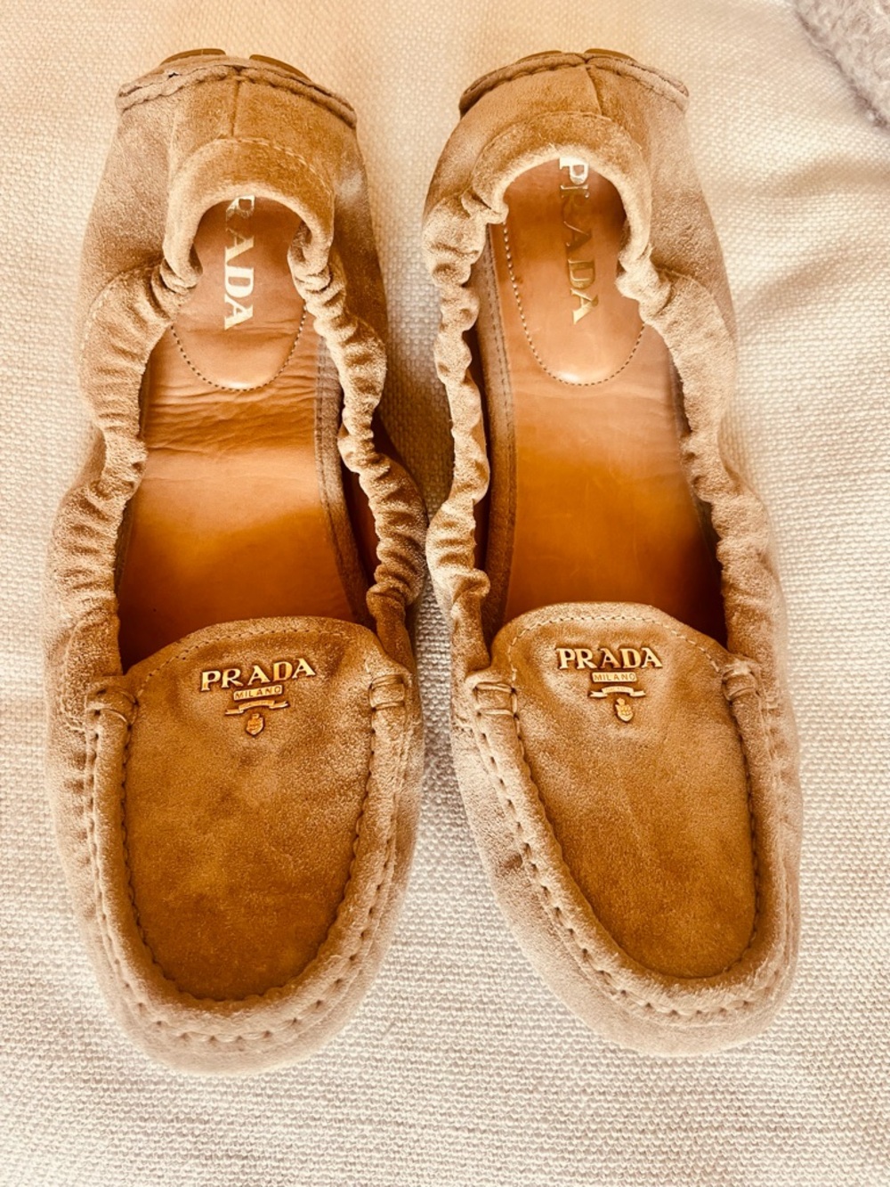 Prada Taupe Suede Elastic-Top Moccasins with Gold Logo